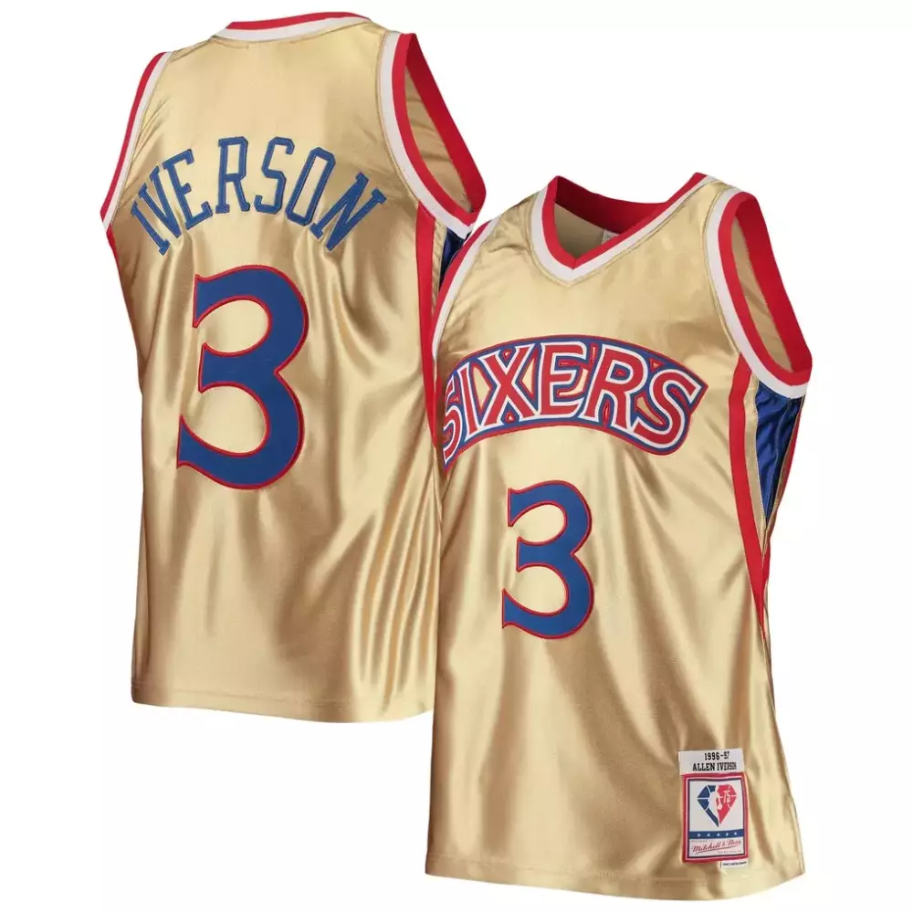 Allen Iverson 3 76ers Jersey Gold Mitchell Ness Men Red Blue Anniversary Hardwood