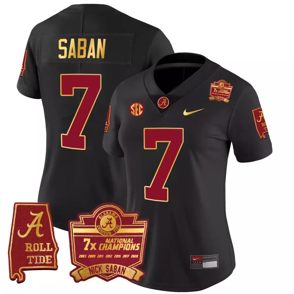 Nick Saban 7 Alabama Crimson Tide Jersey Black 7x National Champions Roll 2020 Men