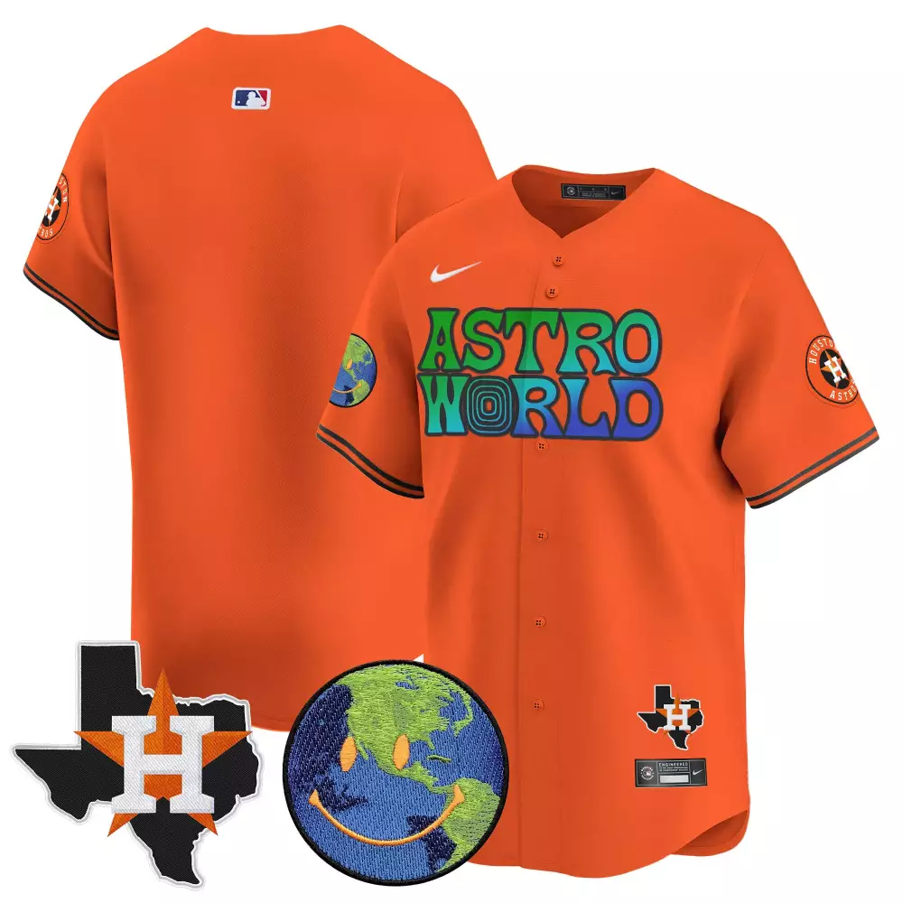 Travis Scott Houston Astros Jersey Orange Astroworld World Map Smiley Face 2021 Men