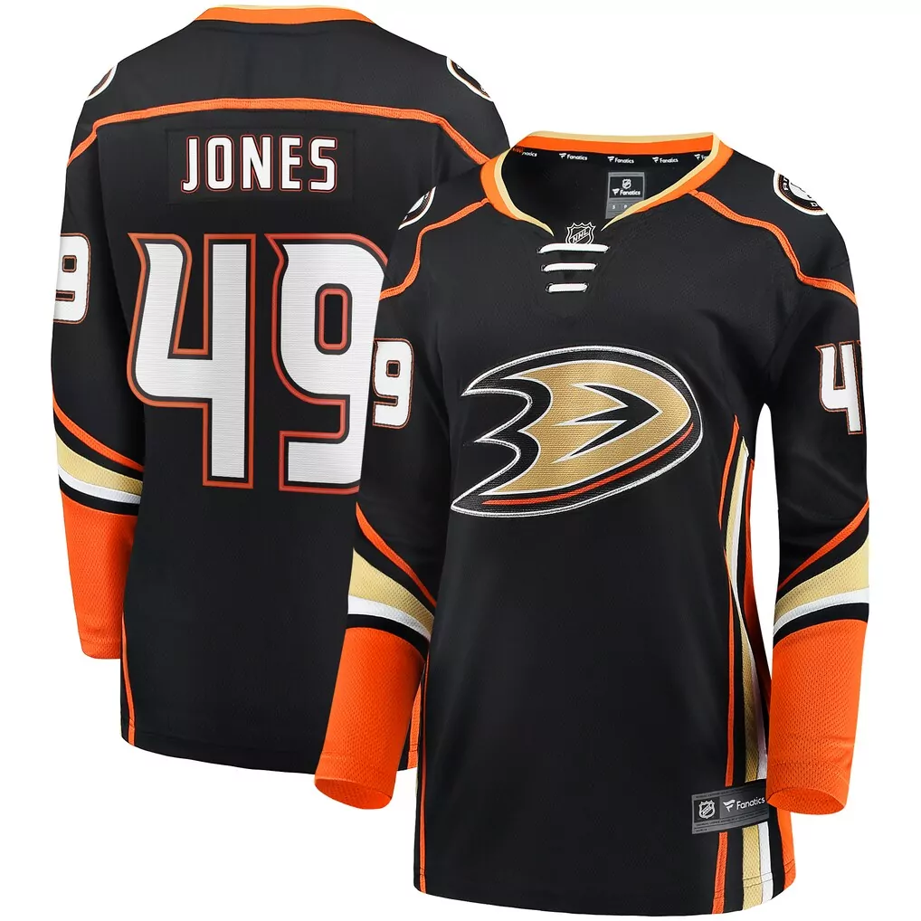 Jones 49 Anaheim Ducks Jersey Black Men Orange White Gold Home Breakaway