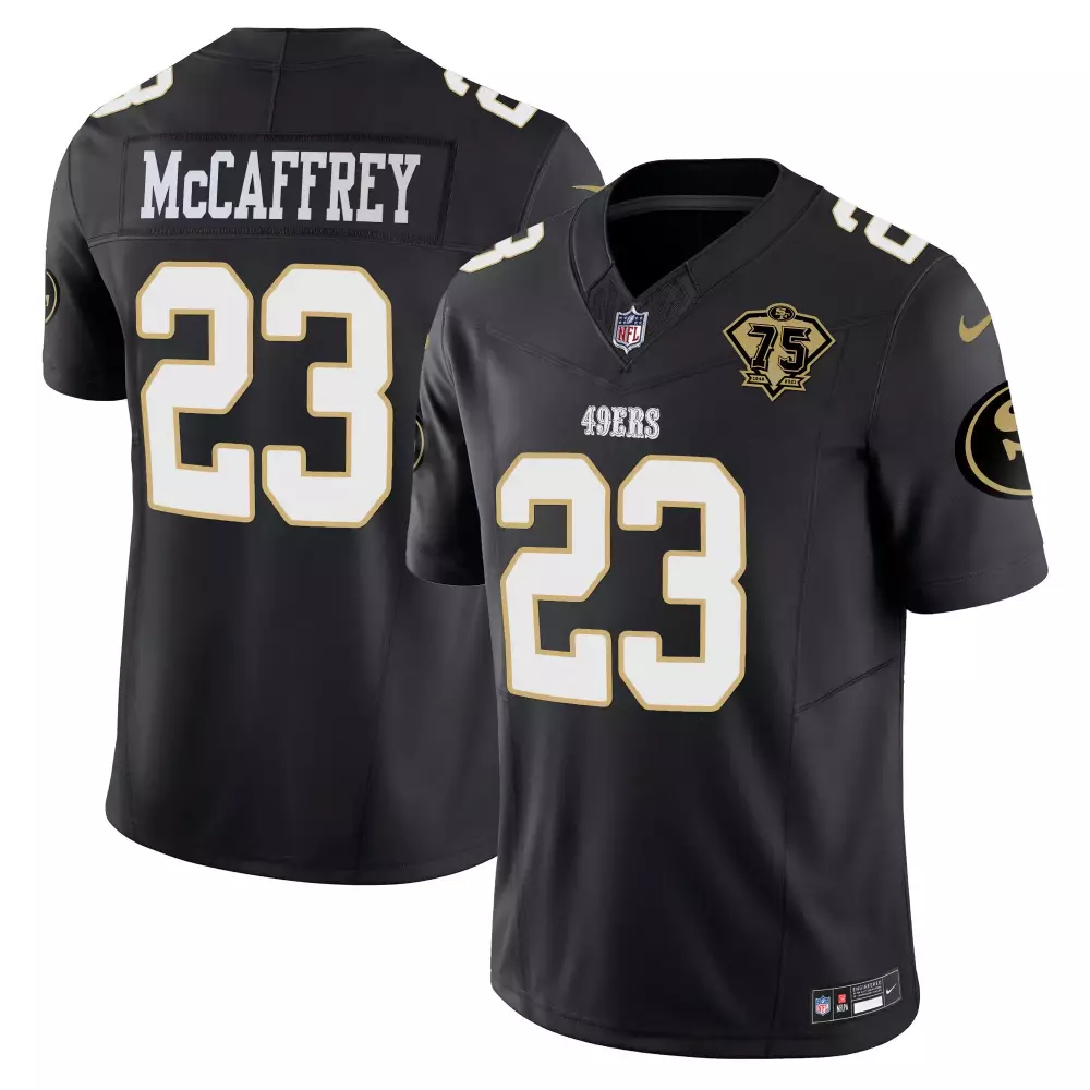 Christian Mccaffrey 23 49ERS Jersey Black 75th Anniversary Men White Gold Stitched