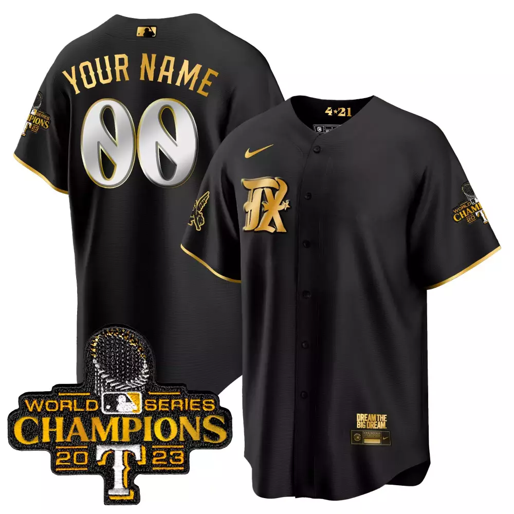 Custom Texas Rangers Jersey Black World Series Champions 2023 Men Authentic Gold