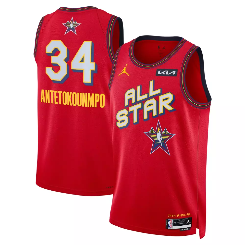 Giannis Antetokounmpo 34 All Star Jersey Red 74th Annual Kia Men White Yellow Blue