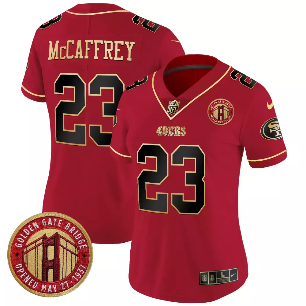 Christian Mccaffrey 23 49ERS Jersey Red Golden Gate Bridge Men NFL Black Gold Limited