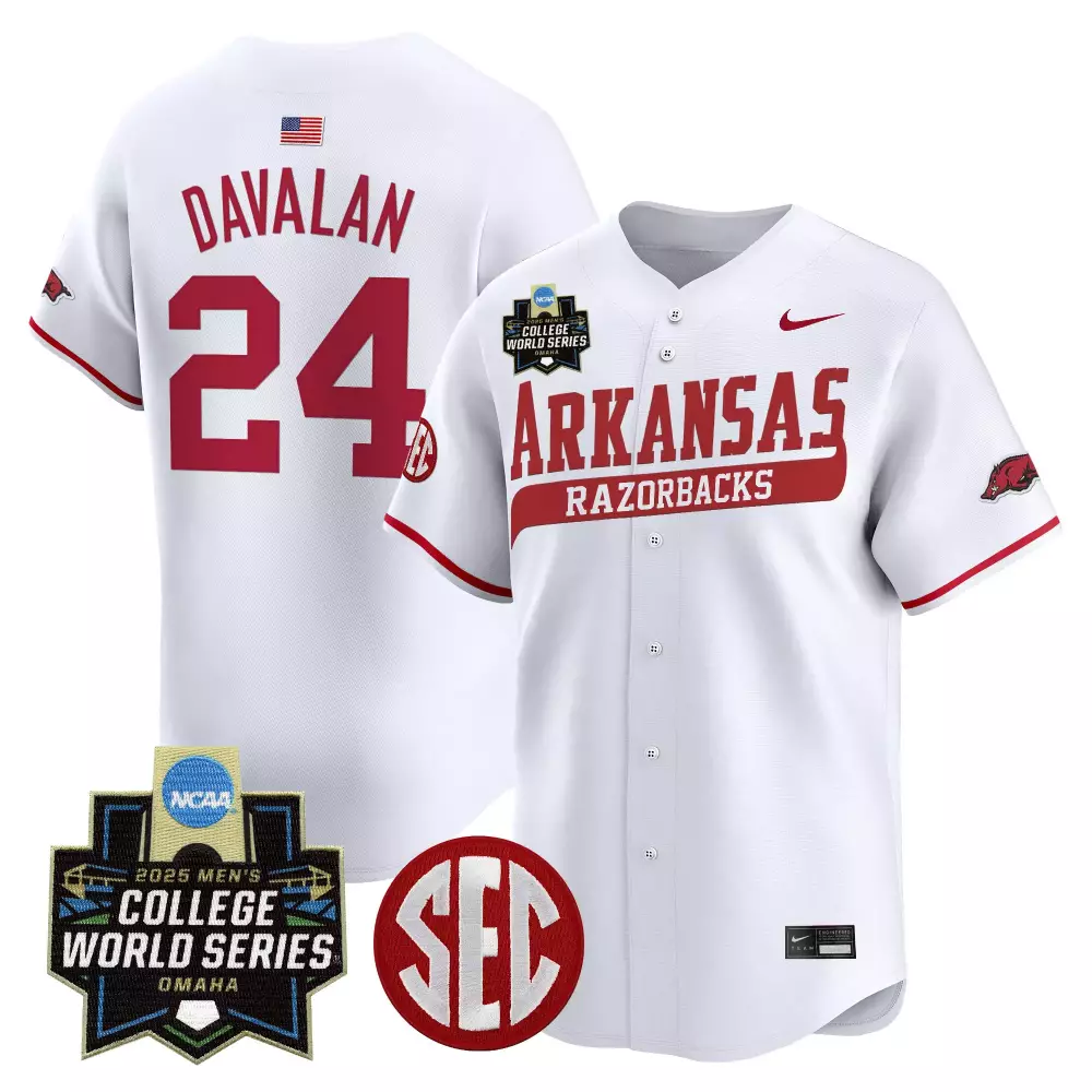 Davalon Arkansas 24 Jersey White 2025 Men's College World Series Razorbacks Men Red