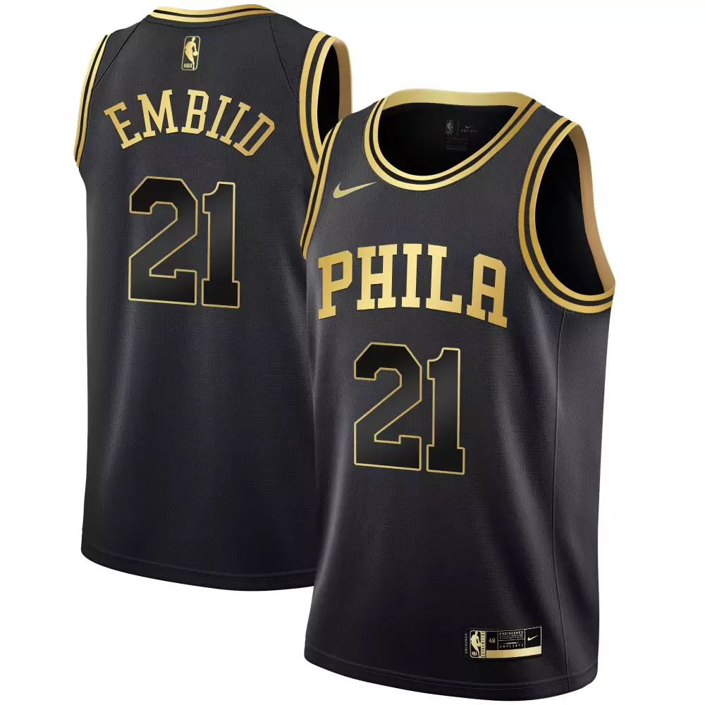 Joel Embiid 21 Philadelphia 76ers Jersey Black Men NBA Gold All Stitched