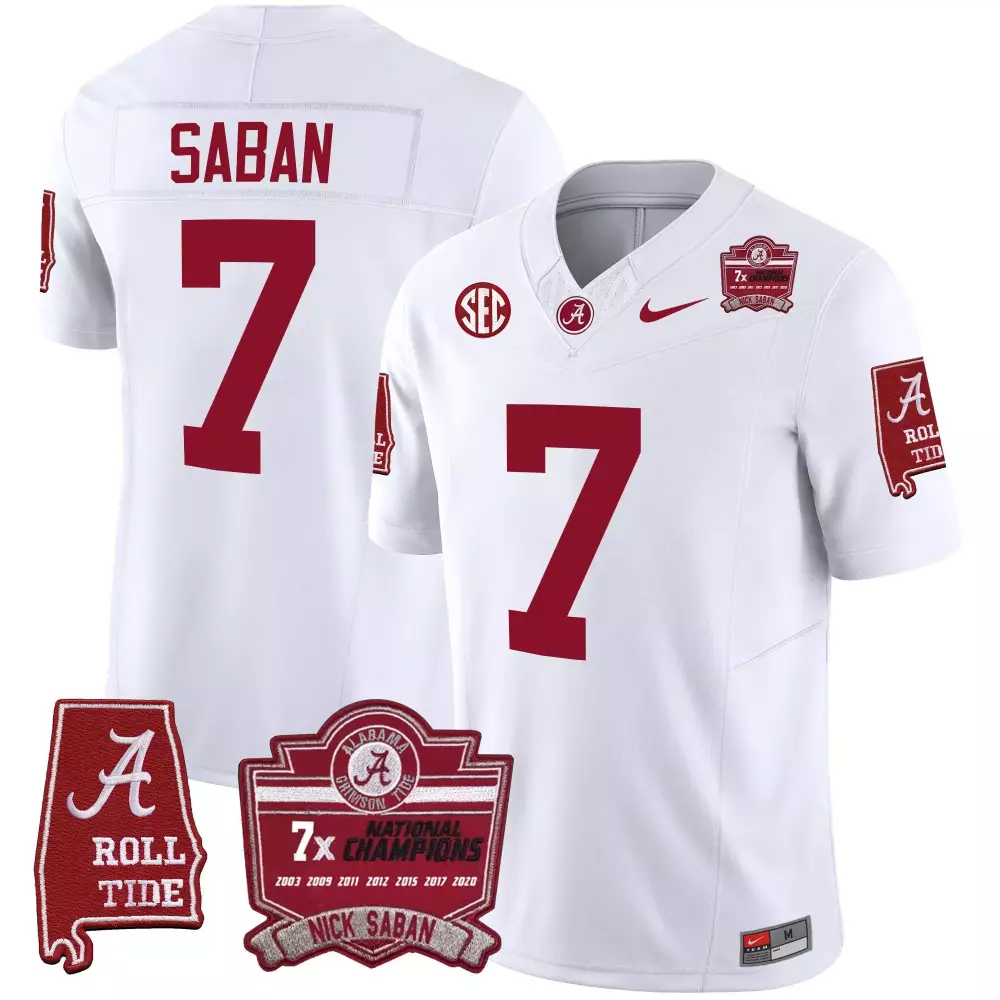 Nick Saban 7 Alabama Crimson Tide Jersey White 7x National Champions Championship Roll