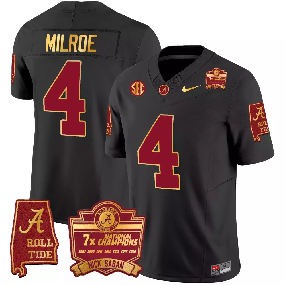Jalen Milroe 4 Jersey Black 7x National Champions Alabama Crimson Tide Men Gold All