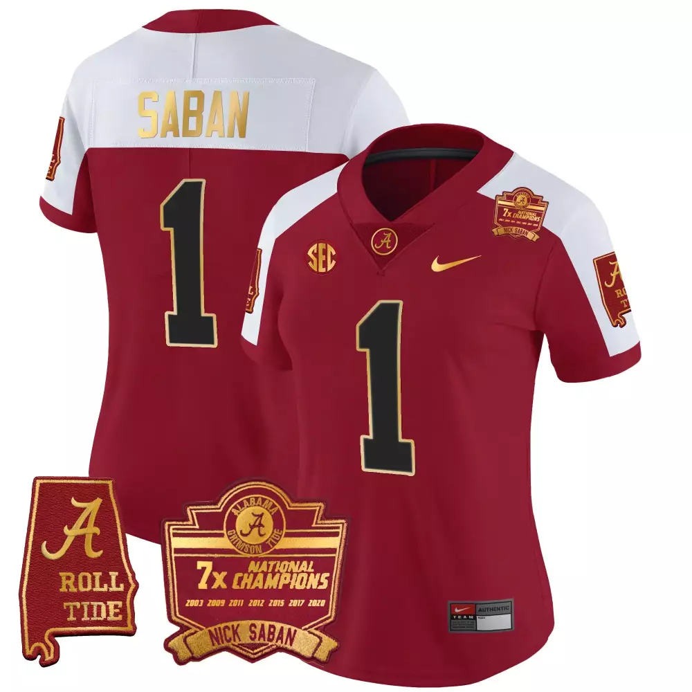 Nick Saban 1 Alabama Crimson Tide Jersey 7x National Champions Roll Men White Black