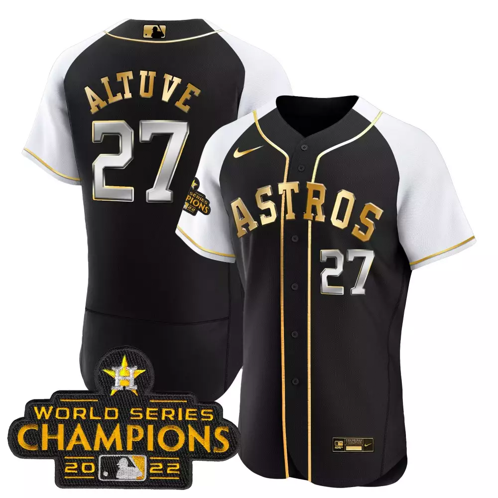 Jose Altuve 27 Astros Jersey Black World Series Champions 2022 Men White Gold Stitched