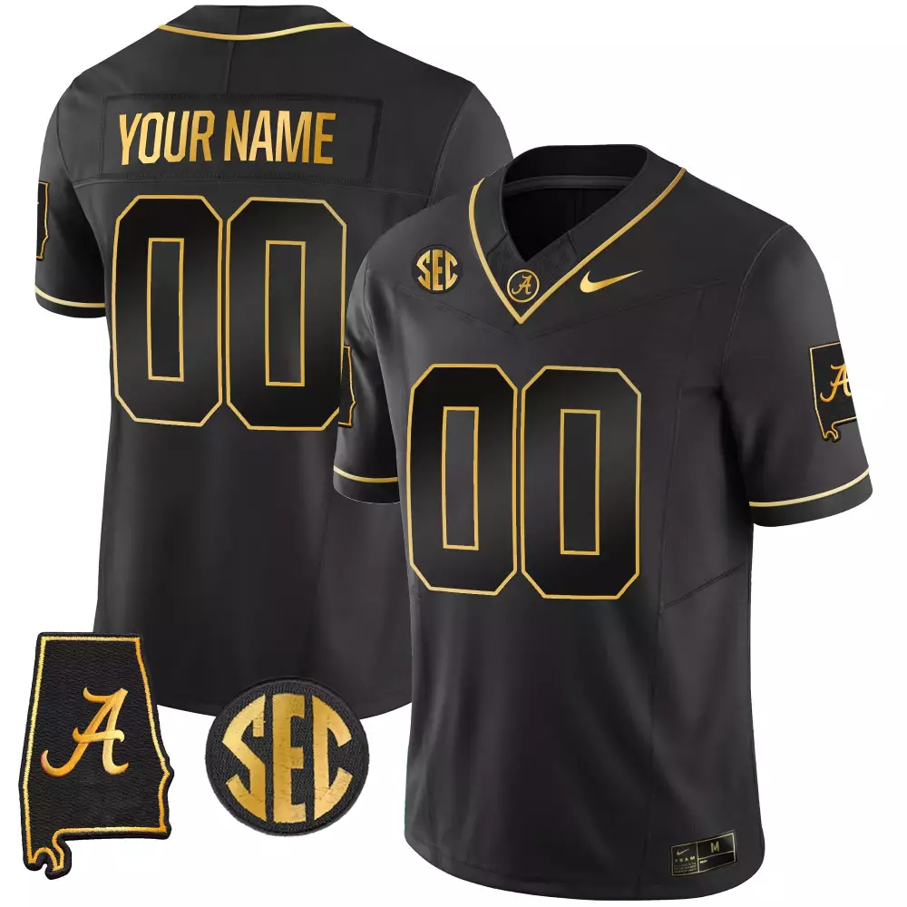 Custom Alabama Crimson Tide Jersey Black State Outline Men Gold Stitched