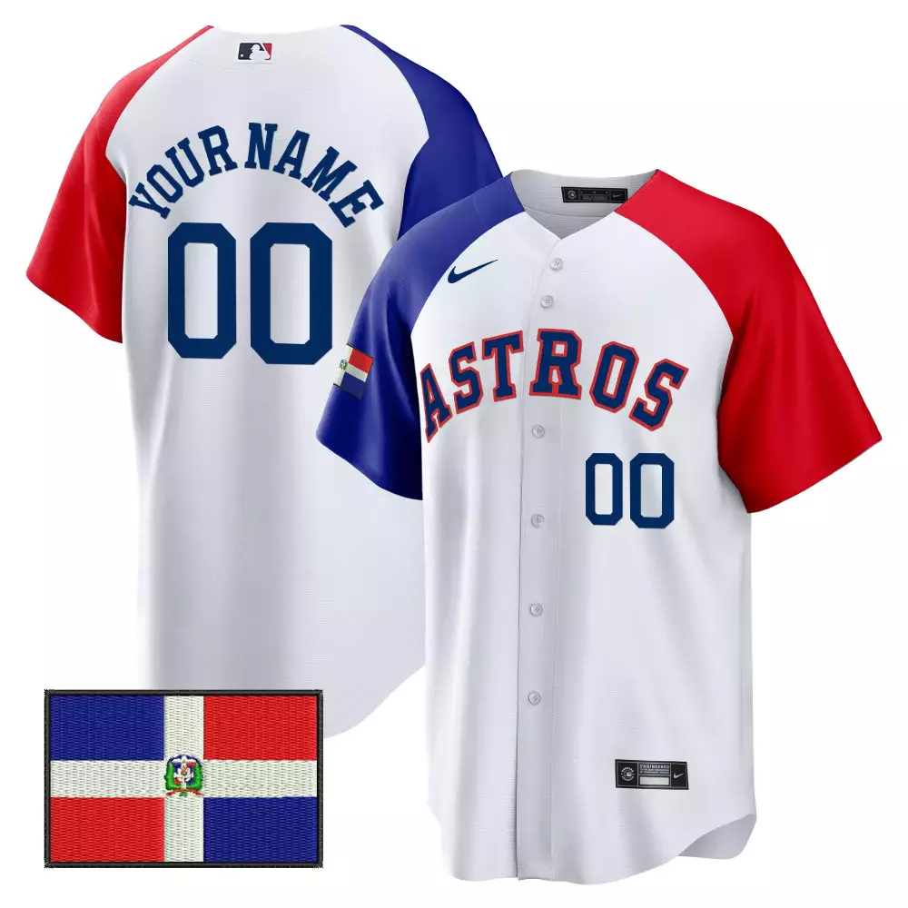 Custom Astros Jersey White Dominican Republic Flag Split Design Blue Red All Stitched