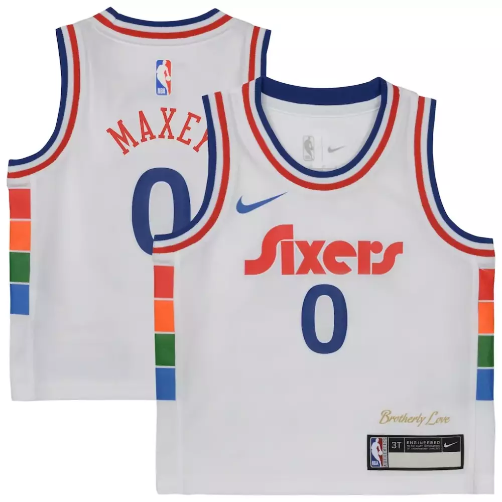 Tyrese Maxey Sixers Jersey White Brotherly Love Kids Split Design Blue Red Swingman