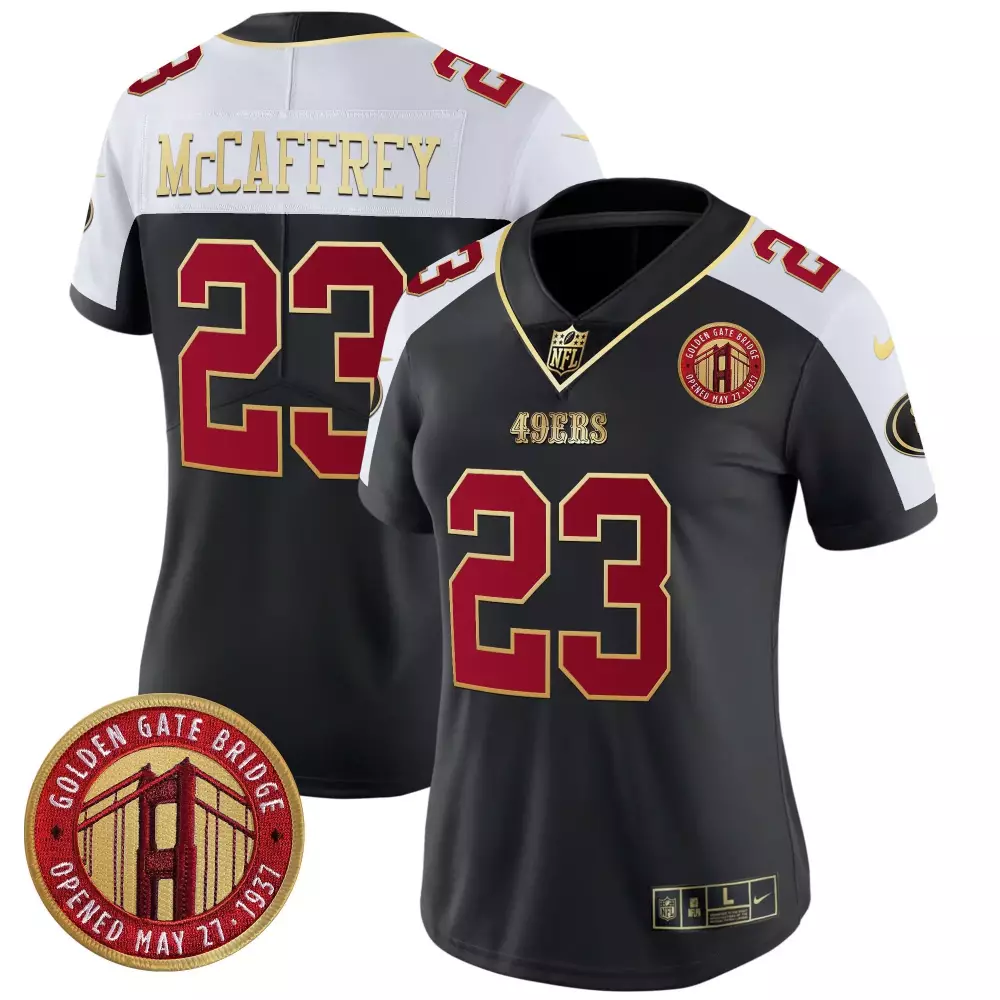 Christian Mccaffrey 23 49ERS Jersey Black Golden Gate Bridge Men Alternate Split Design