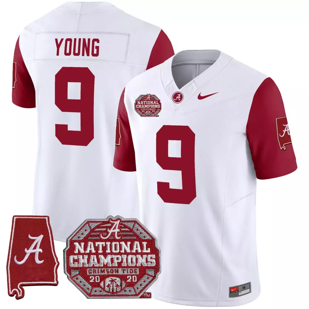 Bryce Young 9 Crimson Tide Jersey White National Champions 2020 Alabama State Outline