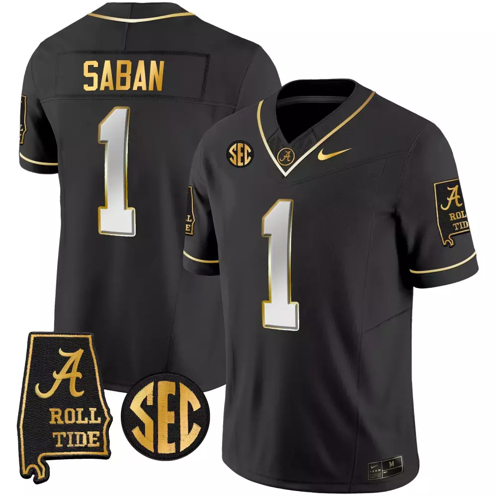 Nick Saban 1 Alabama Crimson Tide Jersey Black Men Gold White Limited Vapor v3 All