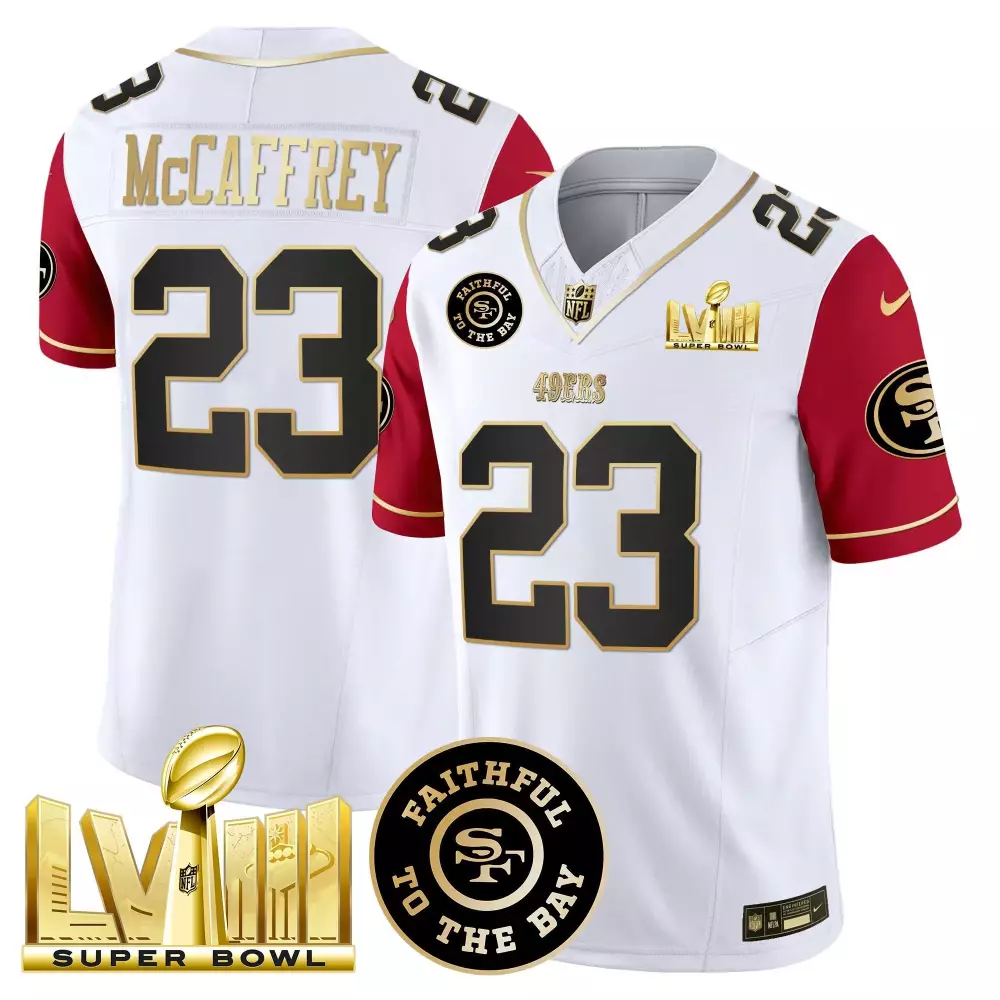 Christian Mccaffrey 23 49ERS Jersey White Super Bowl Lviii Men Red Gold All Vapor