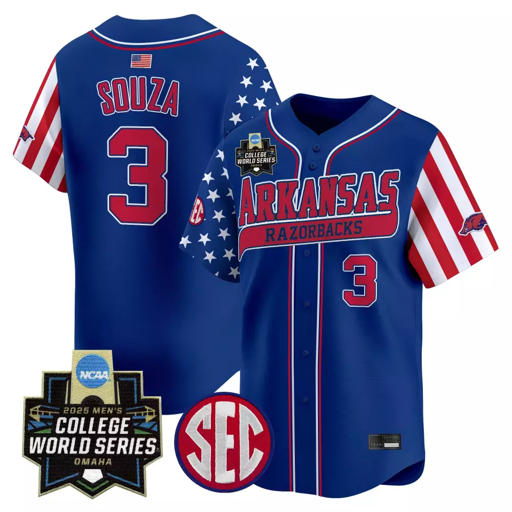 Souza Arkansas 3 Jersey Blue College World Series Razorbacks Men Custom Design Red