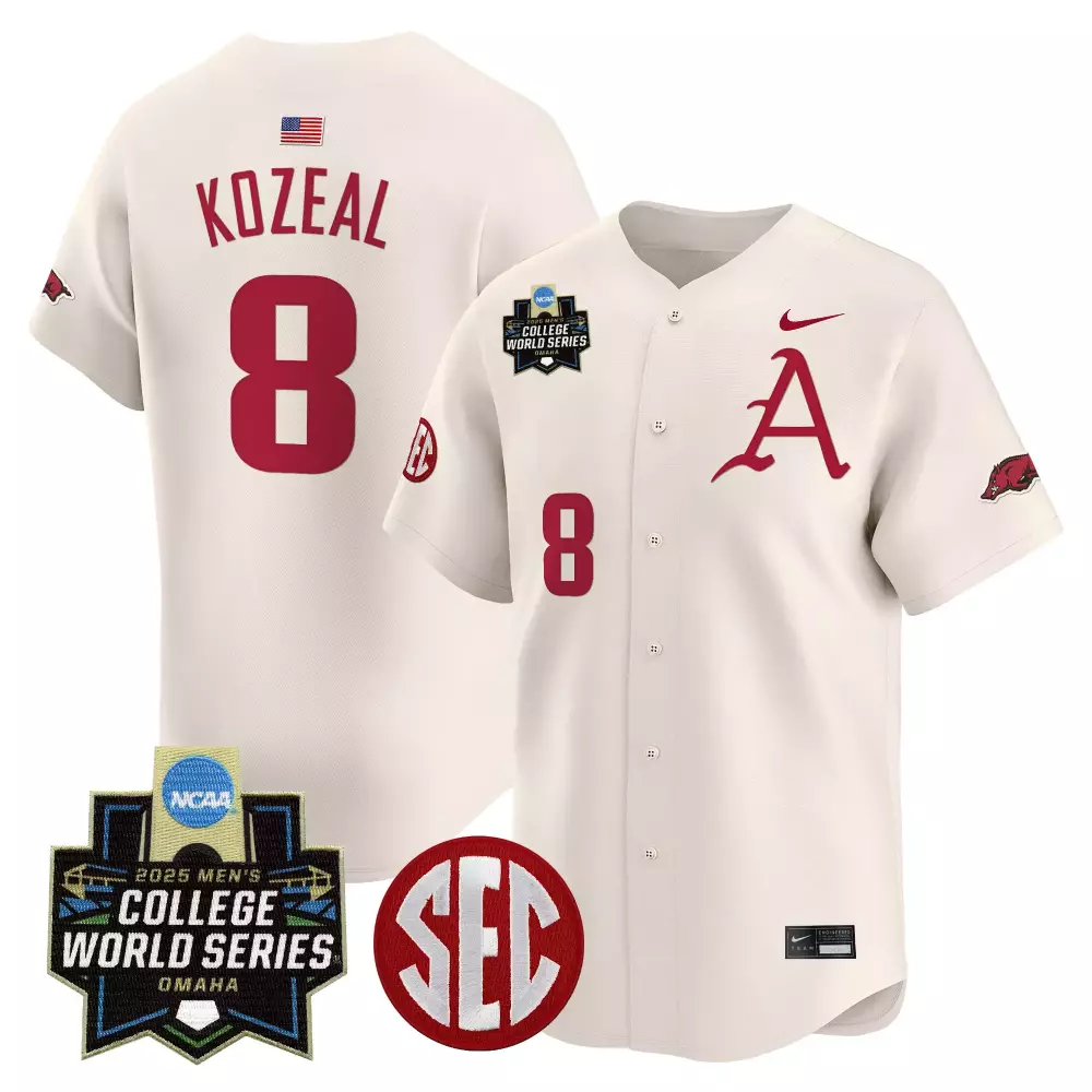 Kozeal Arkansas 8 Jersey Cream College World Series 2025 Men Maroon Stitched Vapor
