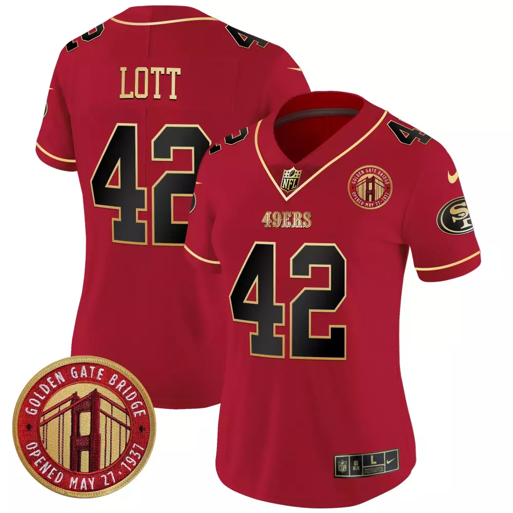 Ronnie Lott 42 49ERS Jersey Red Golden Gate Bridge Men Standard Black Gold Limited