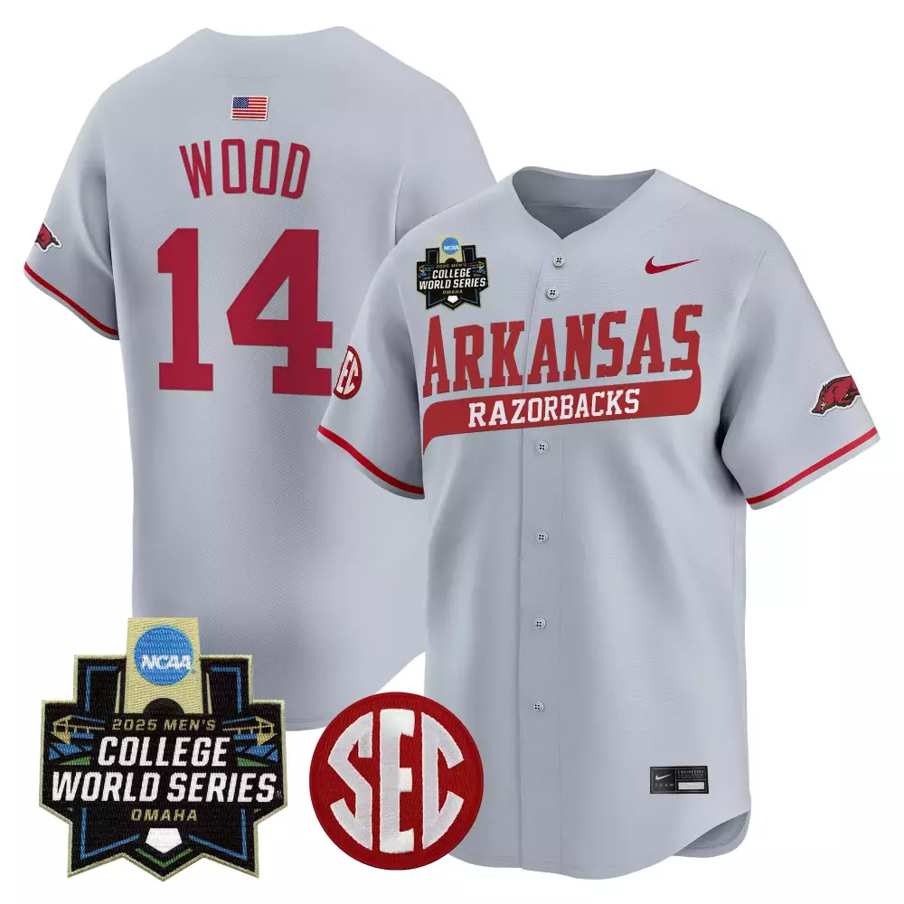 Wood Arkansas 14 Jersey Gray College World Series Razorbacks Men Red Vapor Stitched
