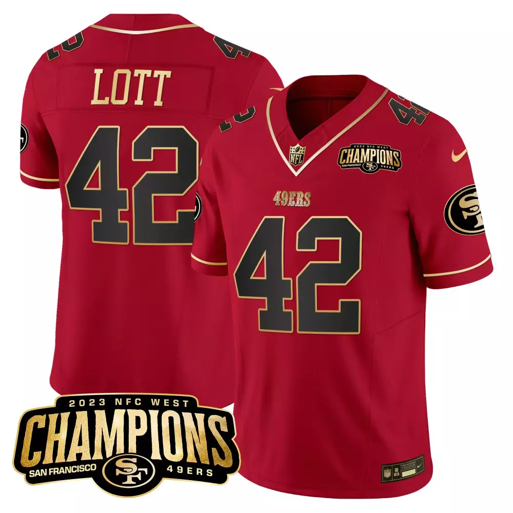 Ronnie Lott 42 Jersey Red 2023 NFC West Champions San Francisco 49ers Men Gold Black