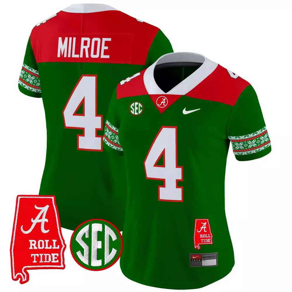 Jalen Milroe 4 Jersey Green Holiday Alabama Crimson Tide Roll 2023 Men Red White