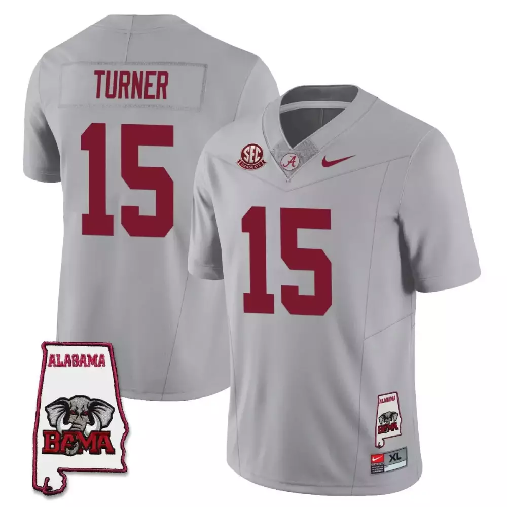 Dallas Turner 15 Jersey Gray Alabama Football Crimson Tide Big Al Elephant Men Stitched