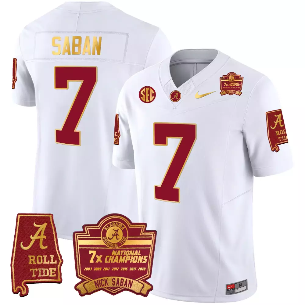 Nick Saban 7 Alabama Crimson Tide Jersey White 7x National Champions Roll Men Gold