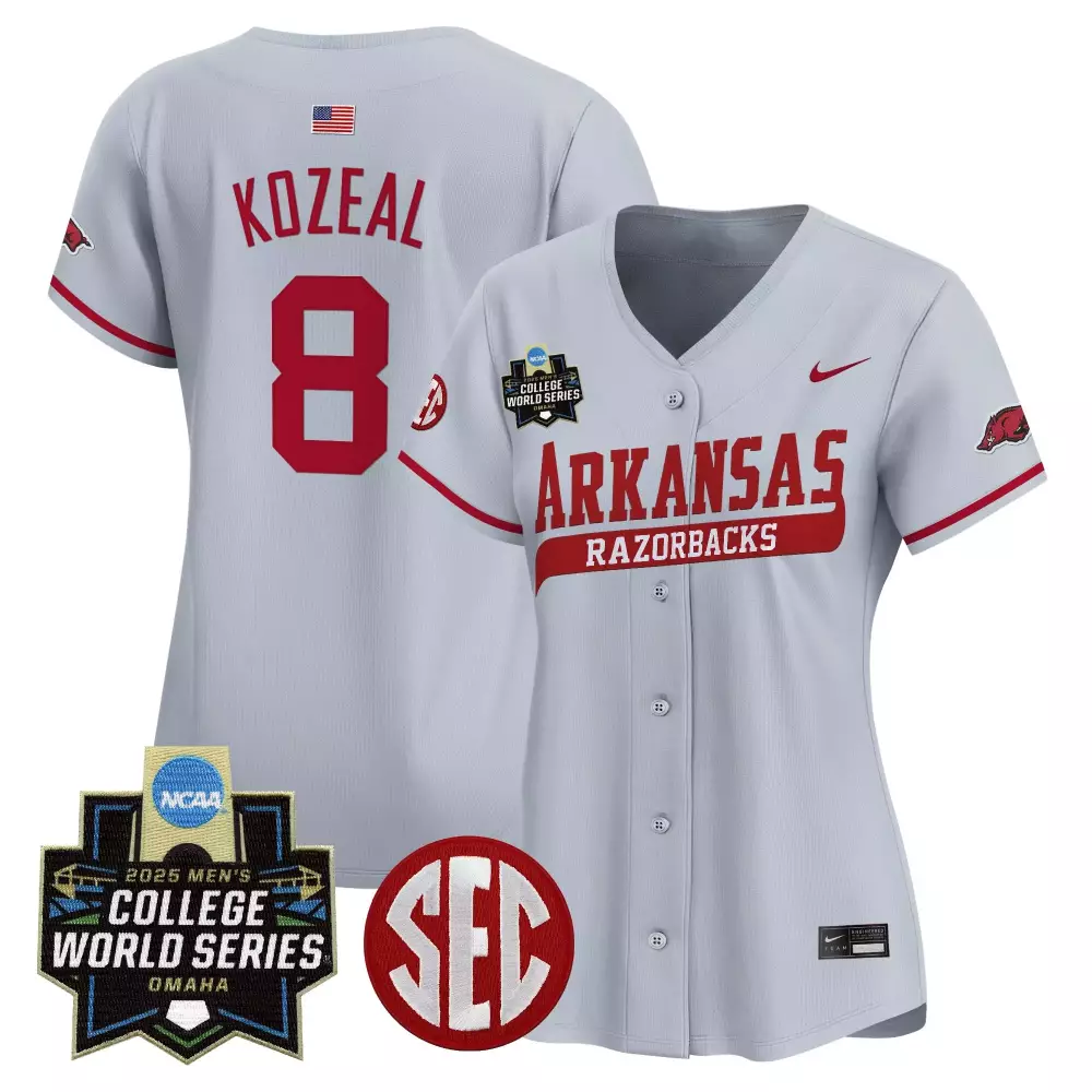 Kozeal Arkansas 8 Jersey Grey College World Series Razorbacks 2025 Women Red Vapor