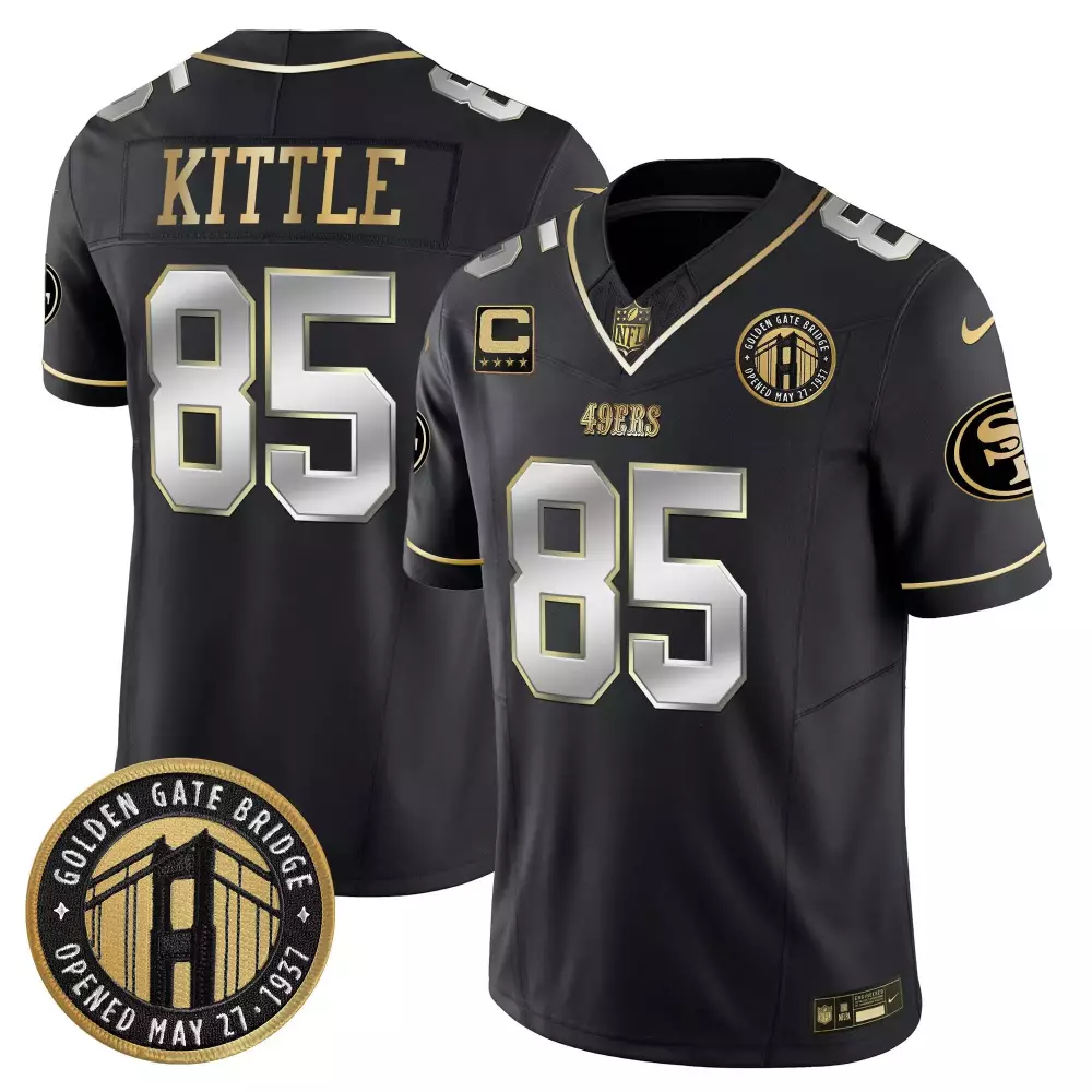 George Kittle 85 49ERS Jersey Black Golden Gate Bridge 2023 Men Player Gold Silver