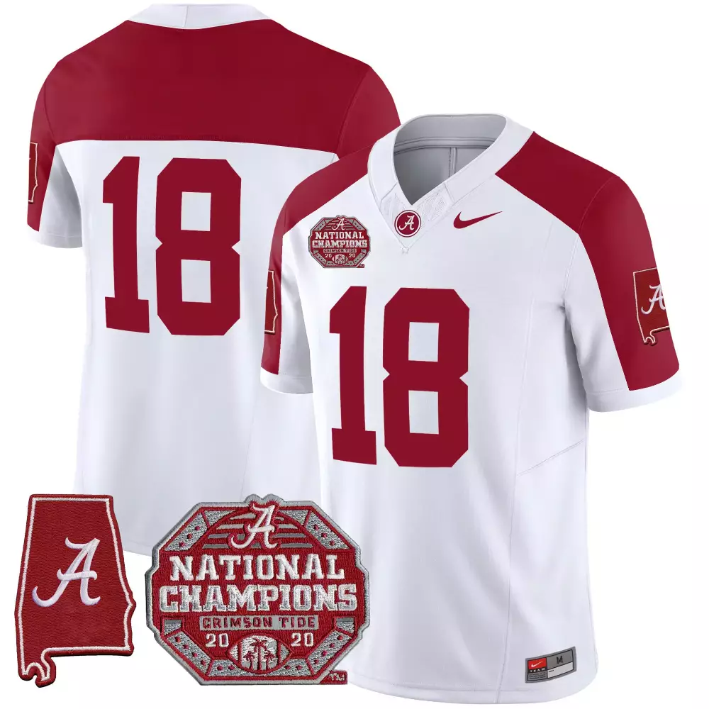 Alabama Crimson Tide 18 Jersey White National Champions 2020 State Shape Men Vapor