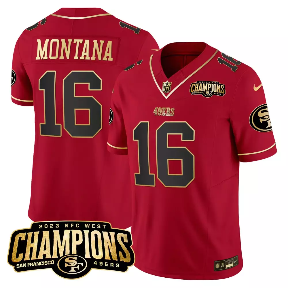 Joe Montana 16 Jersey Red San Francisco 49ers 2023 NFC West Champions Men Gold Black