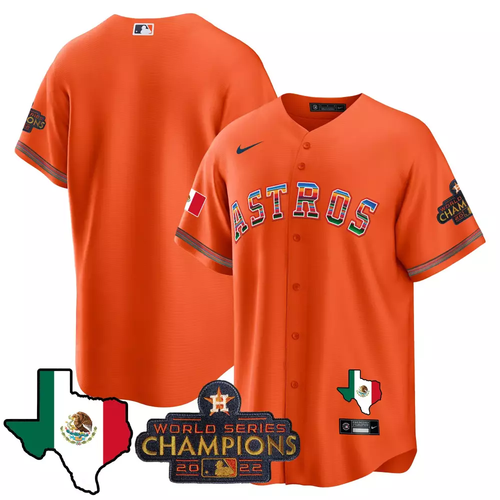 Houston Astros Jersey Orange World Series Champions 2022 Mexico Flag Men White Blue