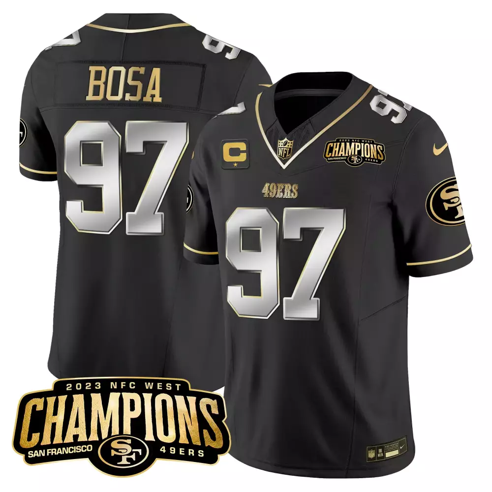 Nick Bosa 97 49ERS Jersey Black 2023 NFC West Champions Men Gold Silver Limited Vapor