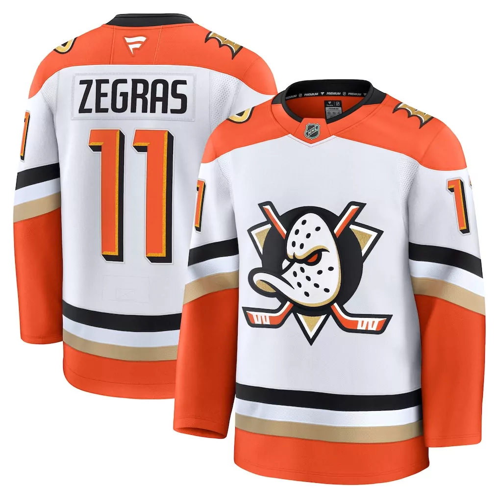 Trevor Zegras 11 Anaheim Ducks Jersey White Men Ice Orange Black Gold Away