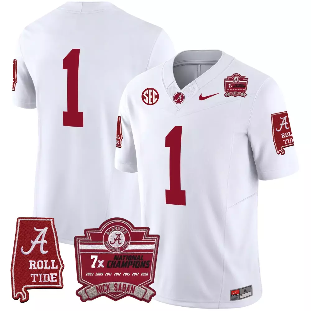 Nick Saban 1 Alabama Crimson Tide Jersey White 7x National Champions Roll 2020 Men