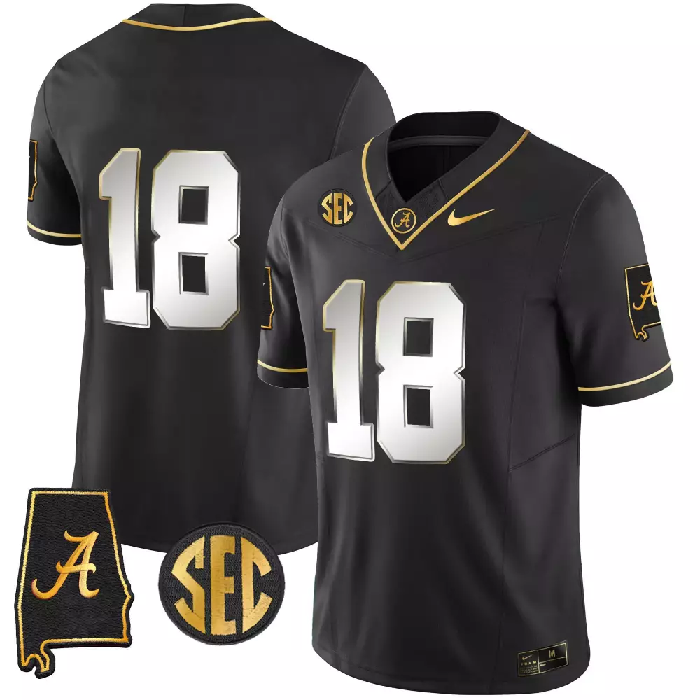 Custom Alabama Crimson Tide 18 Jersey Black SEC Championship State Outline 2023 Men