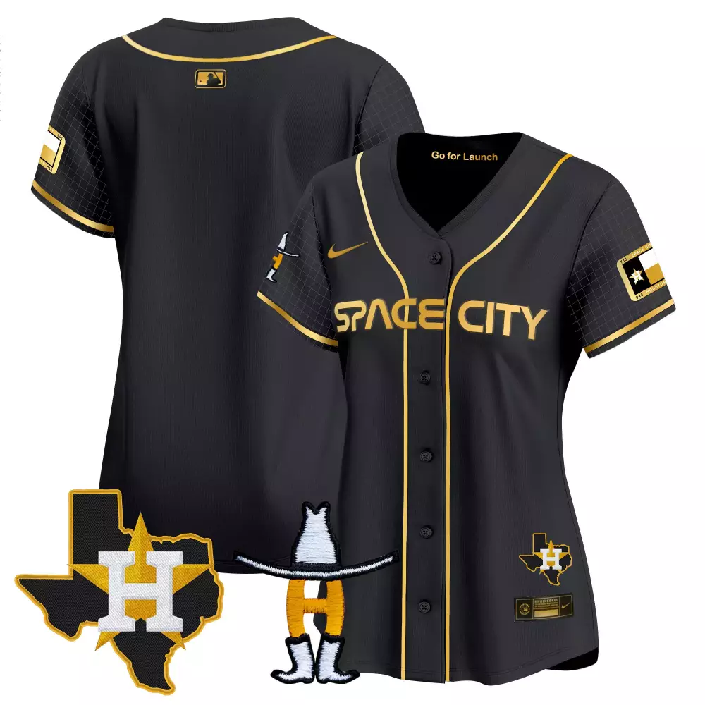 Space City Houston Astros Jersey Black Texas Outline Cowboy Hat Boots Men Button-up