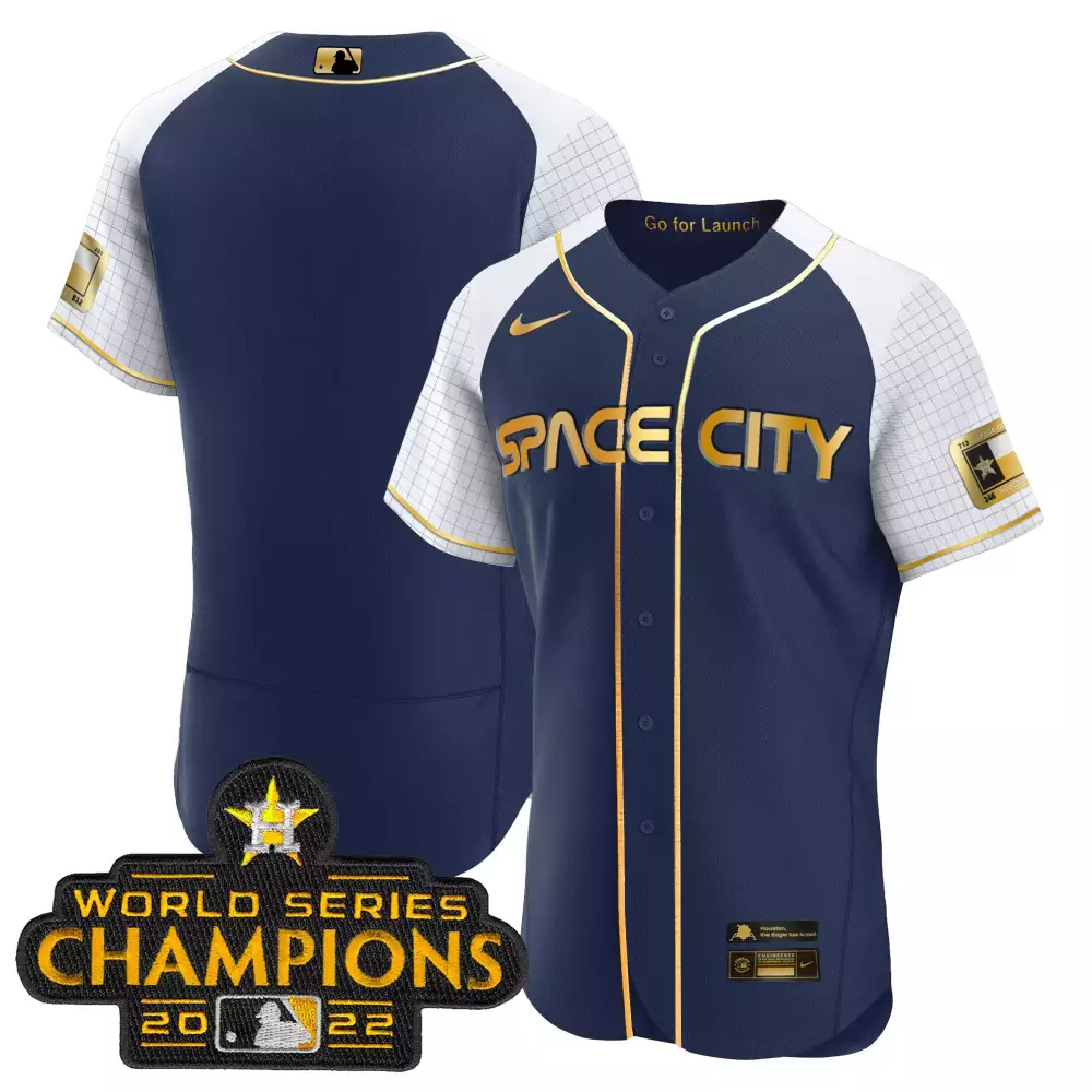 Space City Houston Astros Jersey Navy Blue 2022 World Series Champions Men Gold White