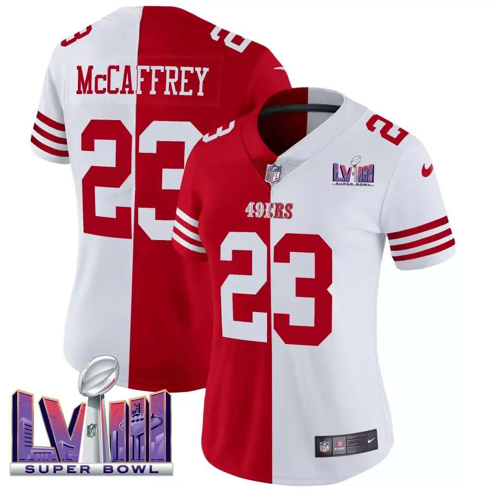Christian Mccaffrey 23 49ERS Jersey Red Super Bowl Lvii Men Split Design White Vapor