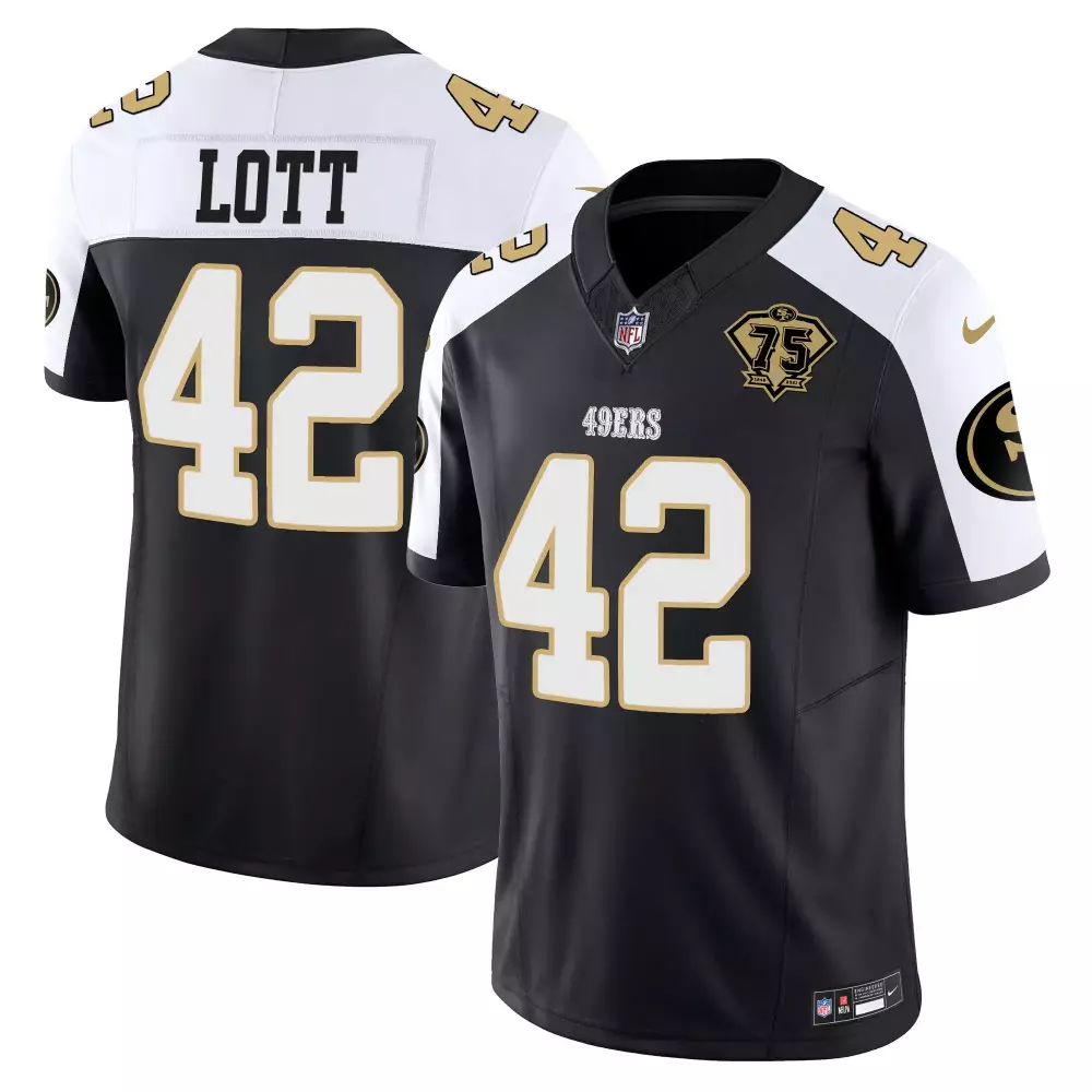 Ronnie Lott 42 49ERS Jersey Black 75th Anniversary Men White Gold Stitched