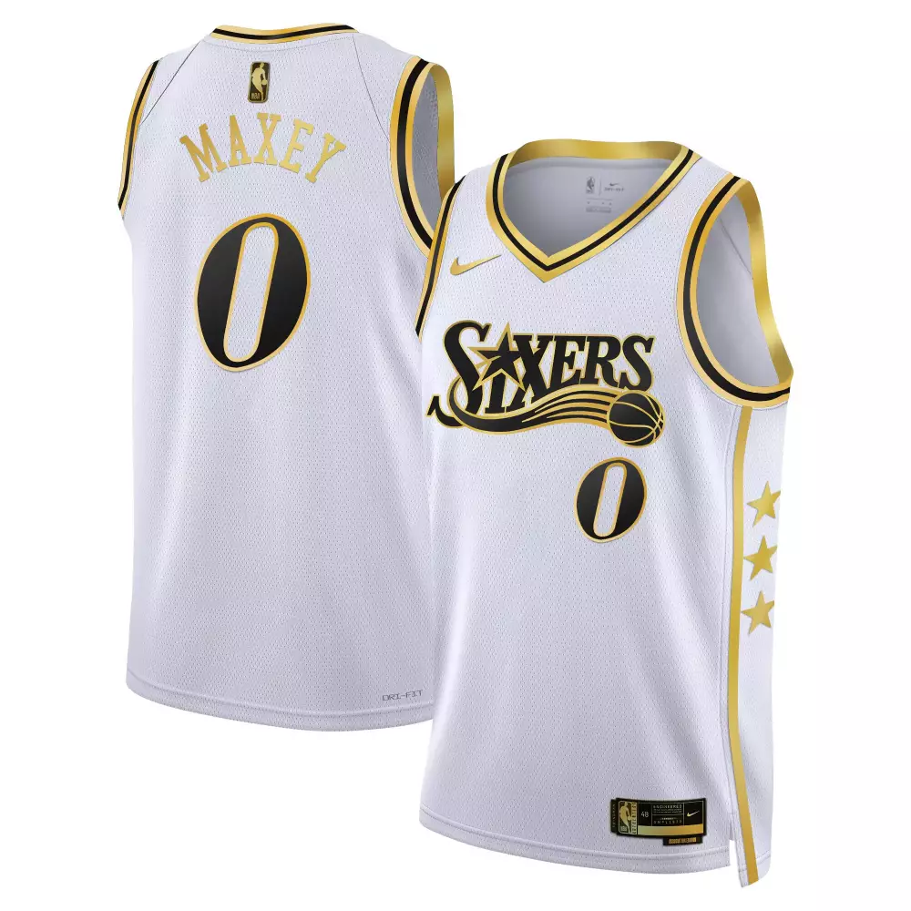 Tyrese Maxey 76ers Jersey White Men Black Gold Swingman All Stitched