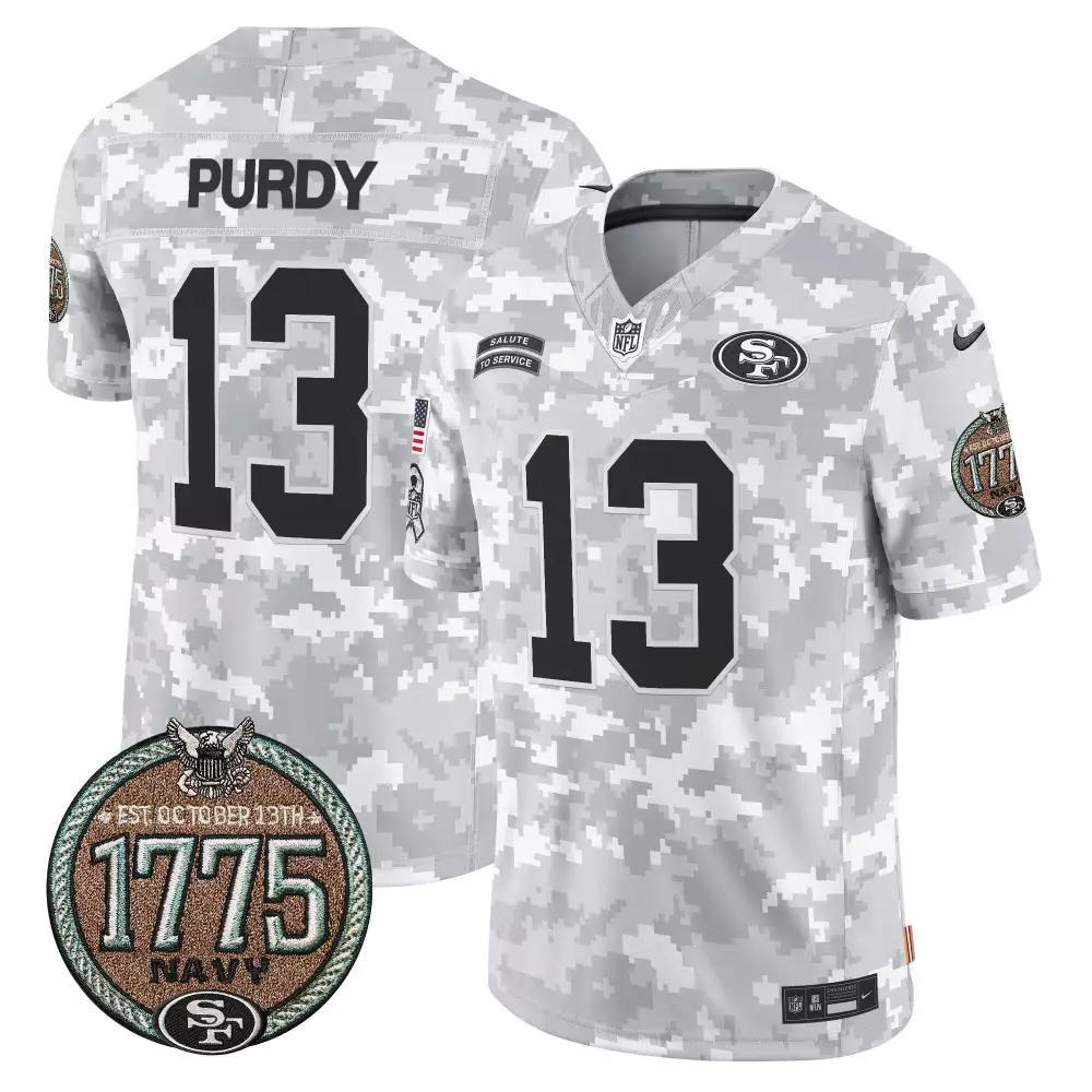 Brock Purdy 13 49ers Jersey Grey Salute To Service Navy 1775 Us Flag Men Camouflage