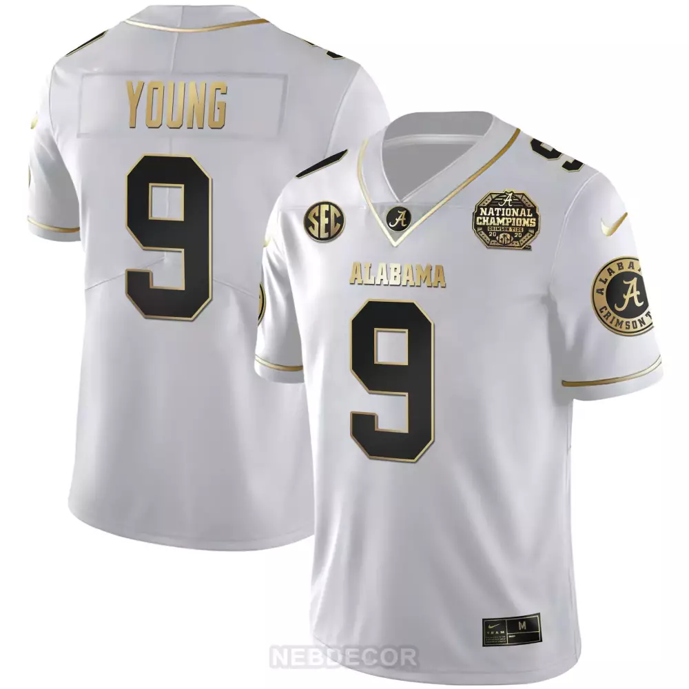 Young 9 Alabama Crimson Tide Jersey White National Champions 2020 Men Black Gold