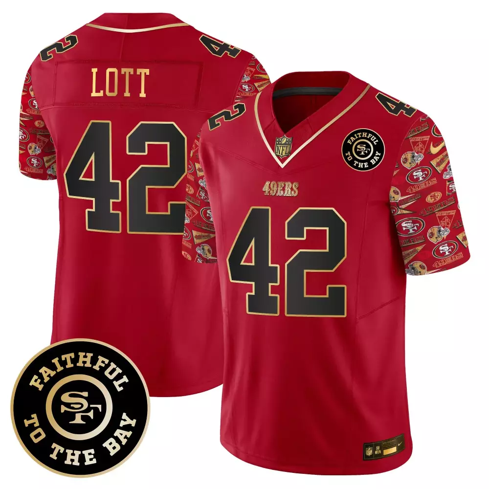 Ronnie Lott 42 49ERS Jersey Red Faithful To The Bay Men Gold Black Limited Vapor