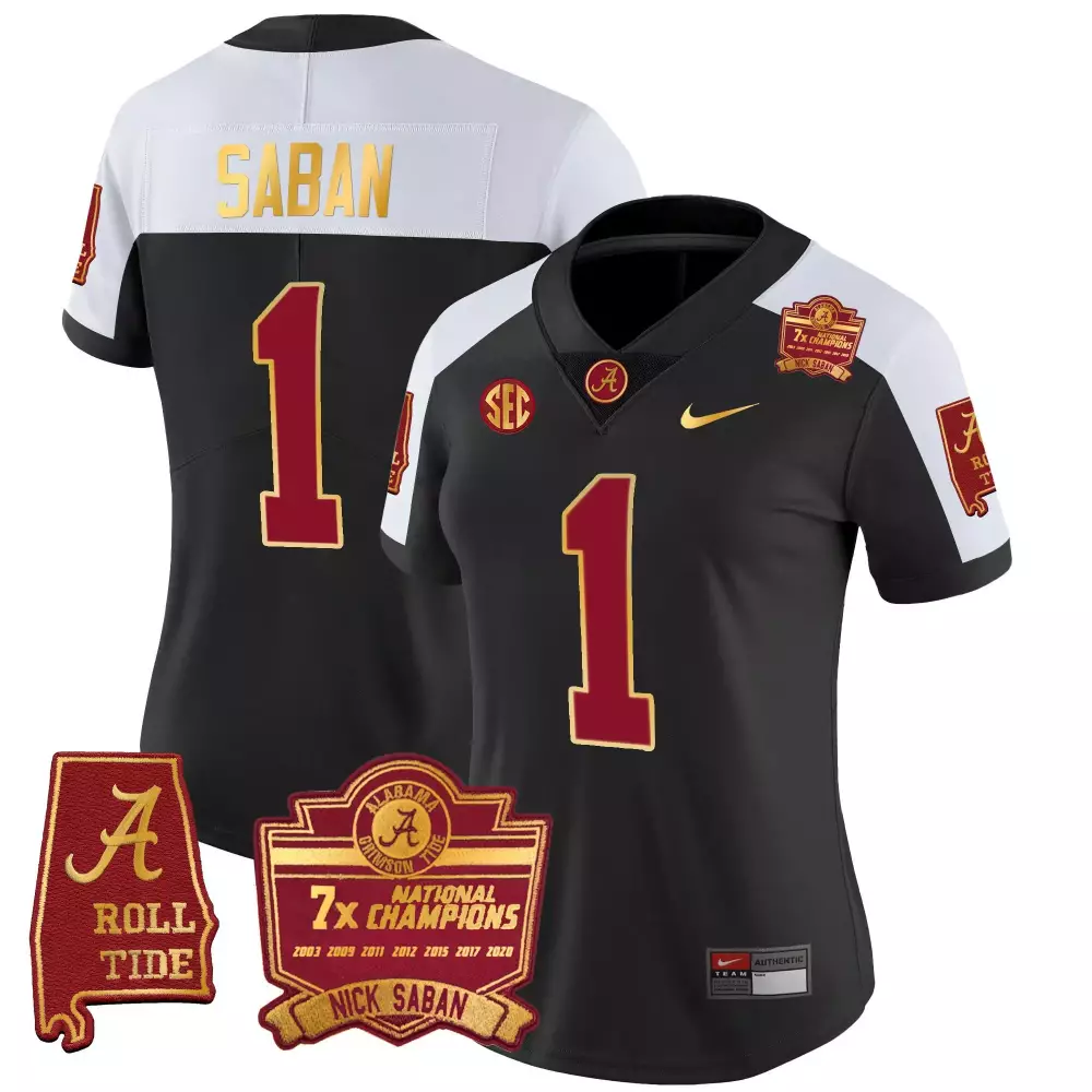 Nick Saban 1 Alabama Crimson Tide Jersey Black 7x National Champions Badge Men White