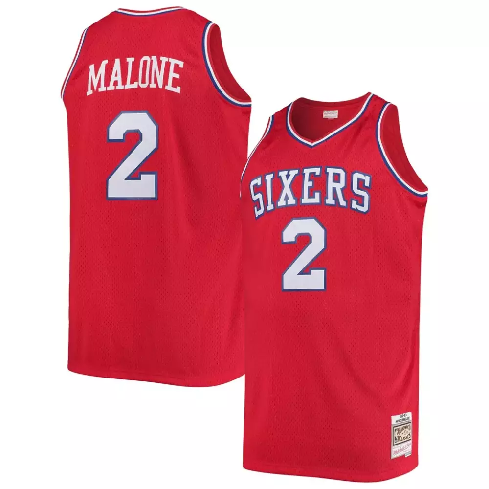 Karl Malone 2 Sixers Jersey Red Men White Blue Hardwood Classics Swingman