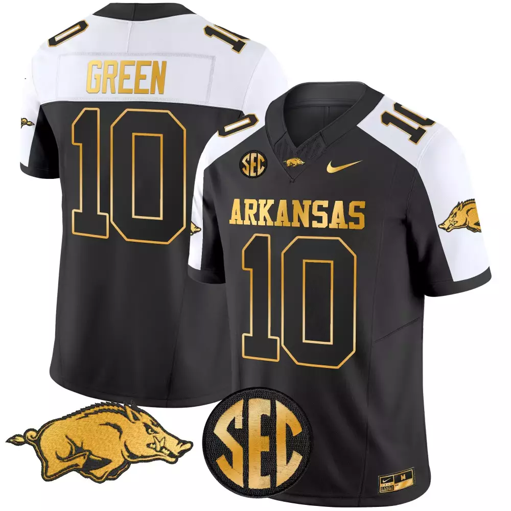 Green 10 Arkansas Jersey Black Razorbacks Men White Gold Vapor Limited Embroidered