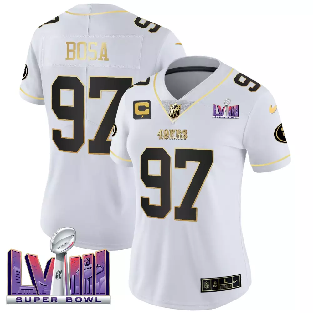 Nick Bosa 97 49ERS Jersey White Super Bowl Lviii Women Player Gold Black Vapor v2